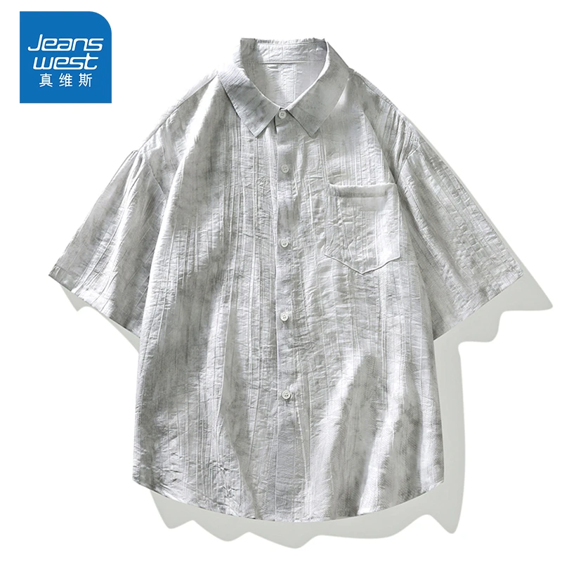 Jeanswest/真维斯美式潮牌短袖衬衫夏季薄款男士宽松百搭大码上衣