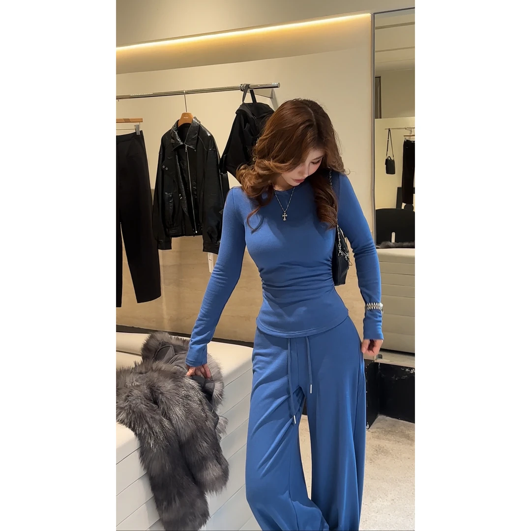 加绒加厚2025新品上新慵懒蓝色打底衫女冬季套装阔腿休闲裤套装女