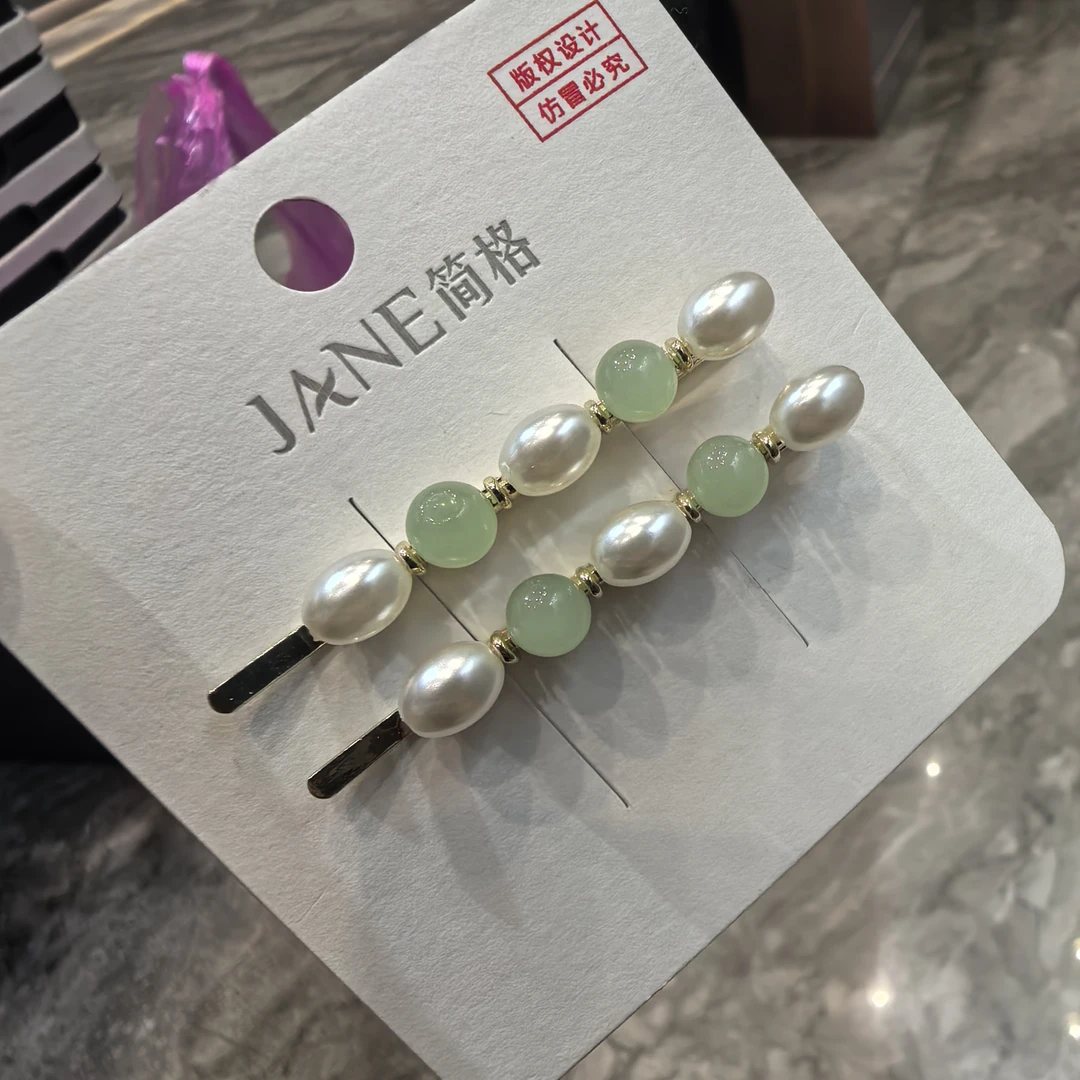 F611白绿色珠款一字夹发夹