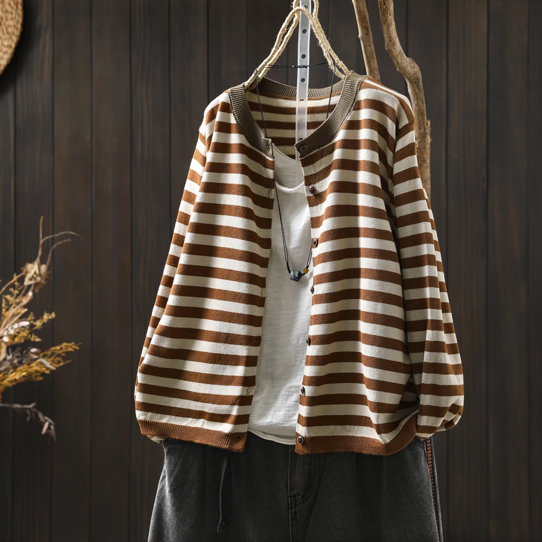 撞色棉线条纹针织开衫女长袖2025秋季新休闲文艺休闲单排扣薄外套