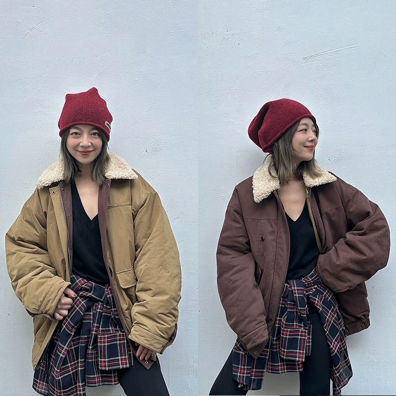 ledim wang【明星同款】巴恩风棉服女冬季新款可拆卸毛领双面可穿