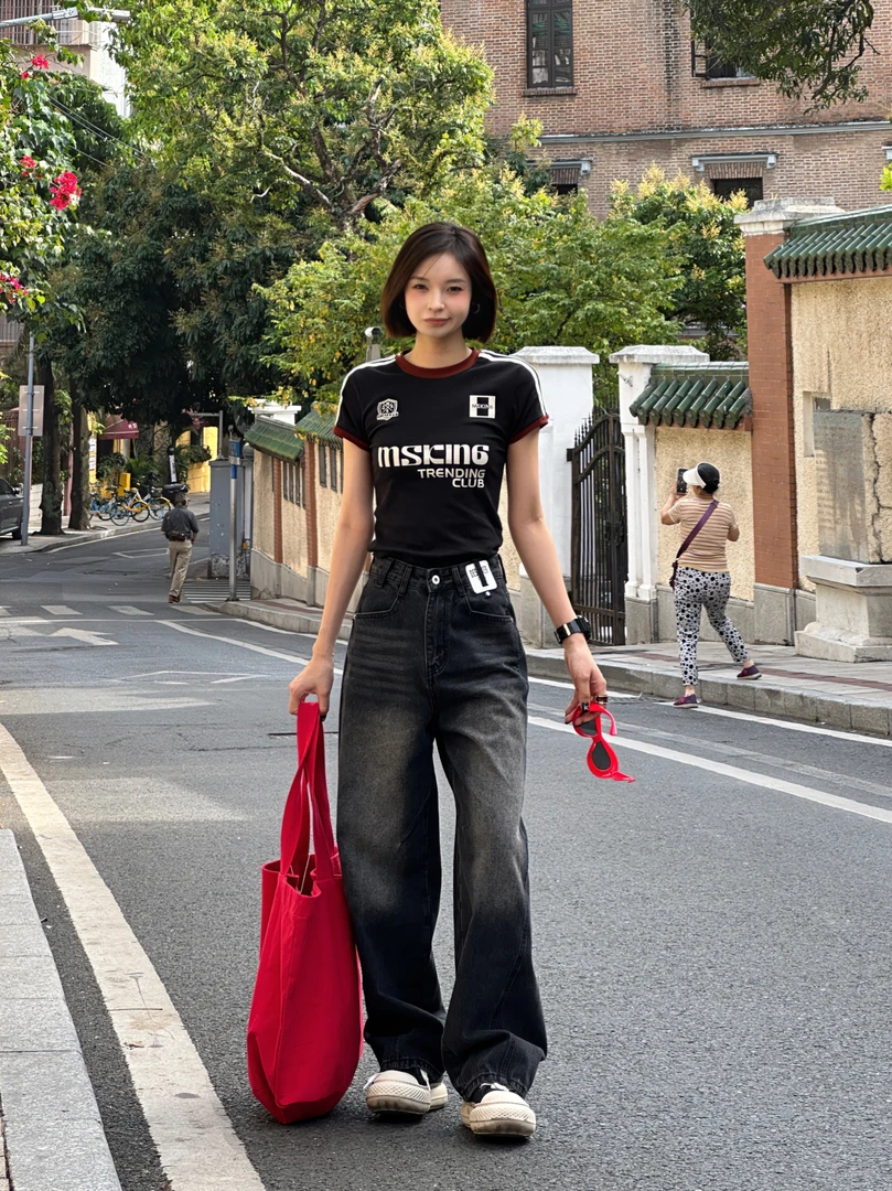 TO【QH66003】黑灰撞色设计中高腰美式遮胯显瘦穿搭潮流牛仔裤QC