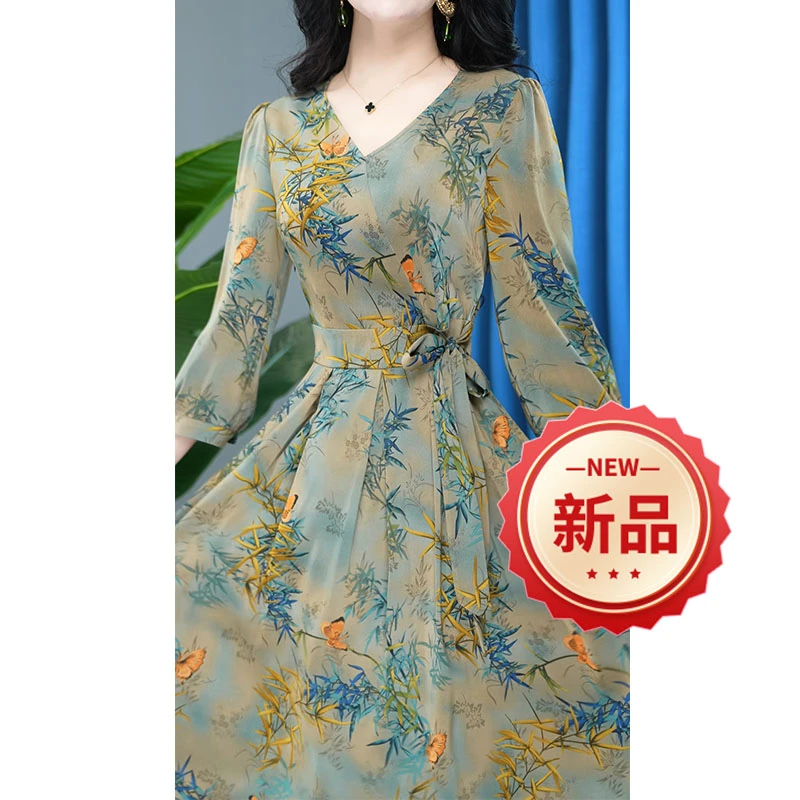 长袖气质显瘦时尚复古修身收腰中长款连衣裙