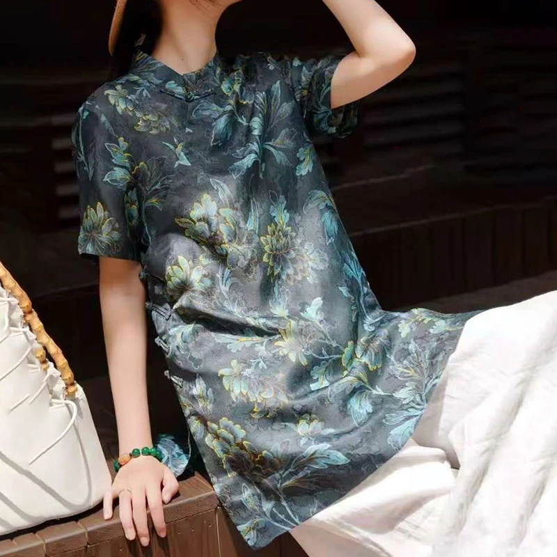 复古新中式斜襟人丝上衣国风印花盘扣短袖衬衫女535-7387-1