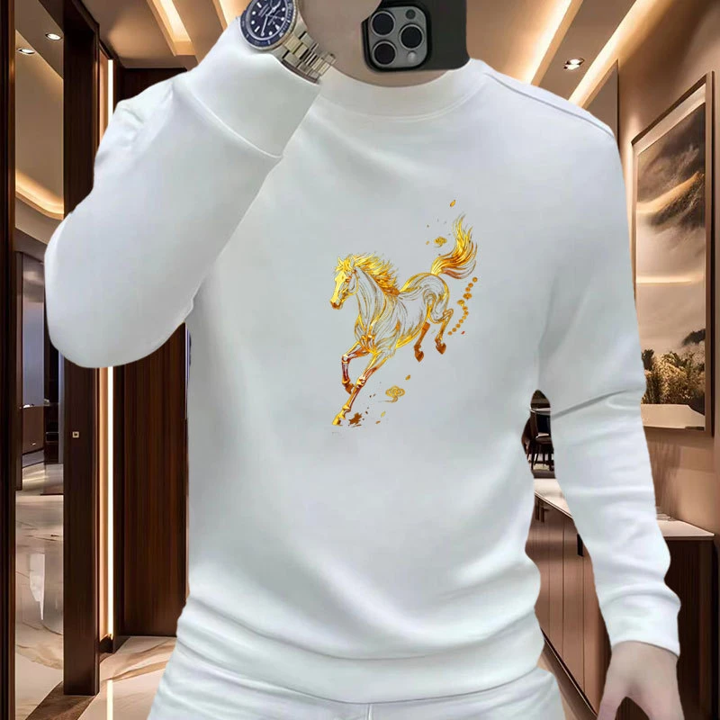 潮牌设计感爆款马年印花男士ins加绒款圆领卫衣长t袖恤上衣服