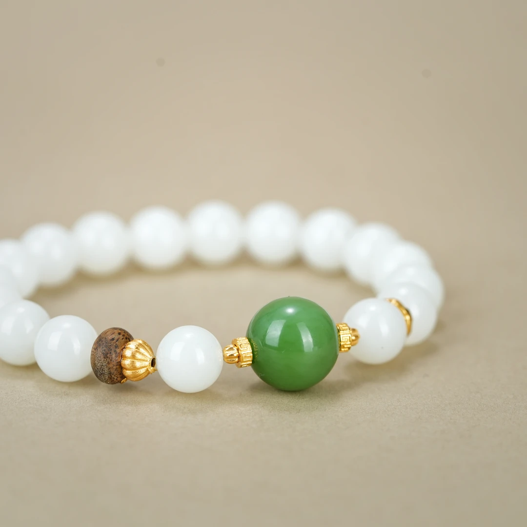 毕业级 白玉果绿定制款手串 18K金 10mm± H19318