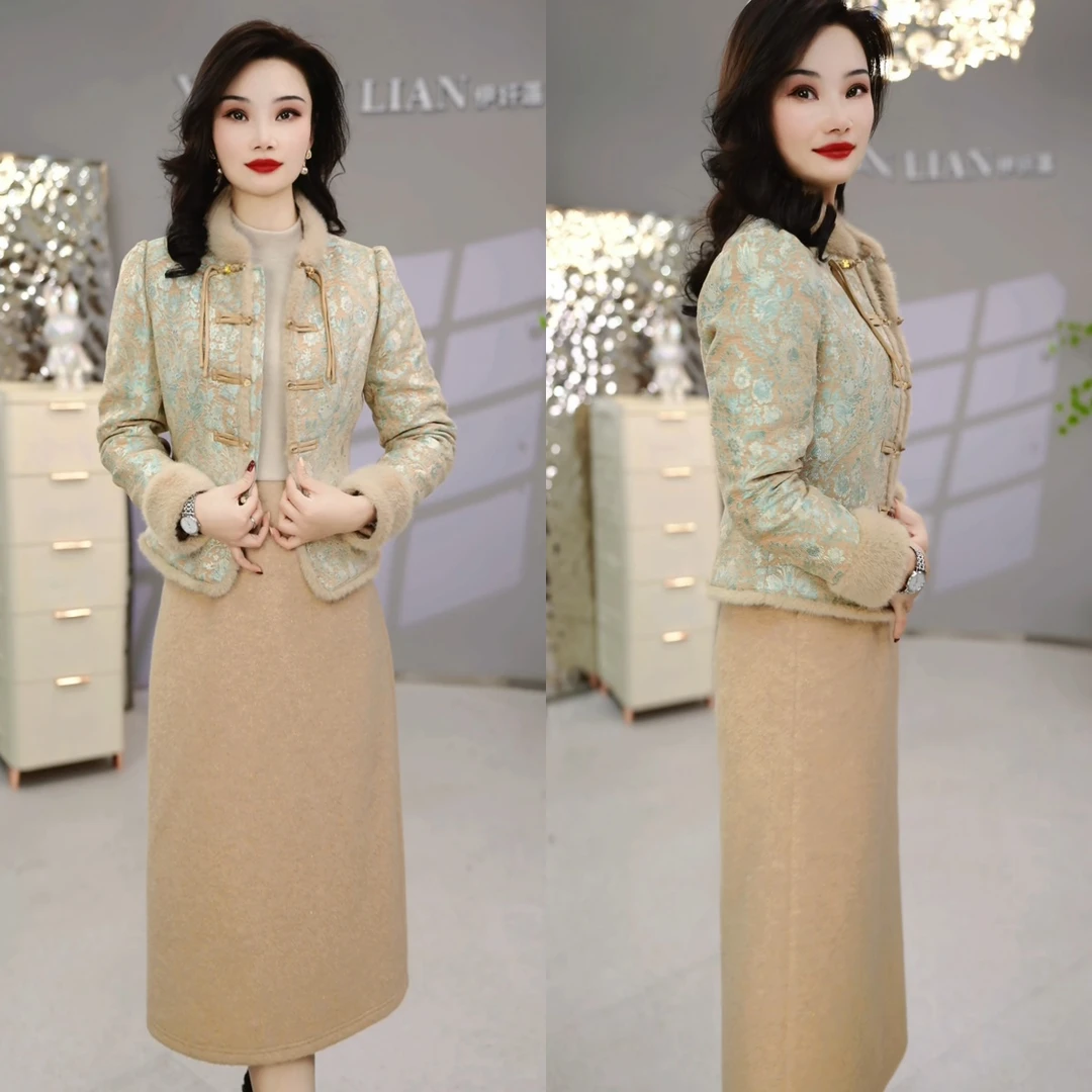 外套+连衣裙 2025早春国风新时尚洋气百搭修身显瘦加厚套装M-4XL