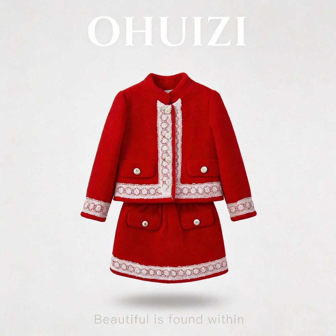 【大红绒拜年服】女童设计师秋冬款小香风套装拜年服红色中式国风