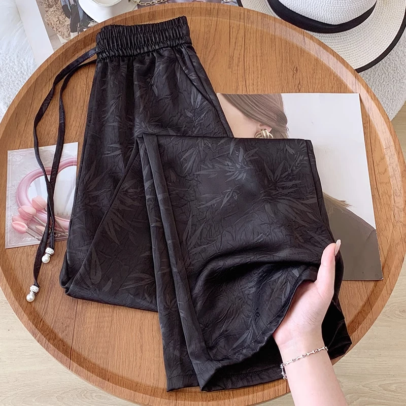 拉夏贝尔夏季薄款爆款显瘦防晒裤直筒裤2025新款国风印花阔腿裤女