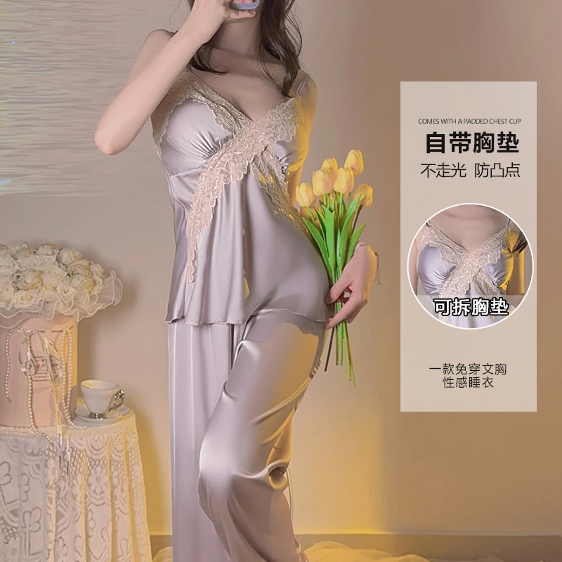 瑰若新款三件套冰丝蕾丝睡衣加胸垫吊带睡衣长款外袍女家居服套装