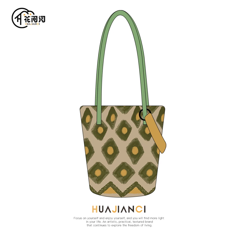 花间词原创格纹新款水桶包插画印花百搭时尚单肩可斜挎加长帆布包