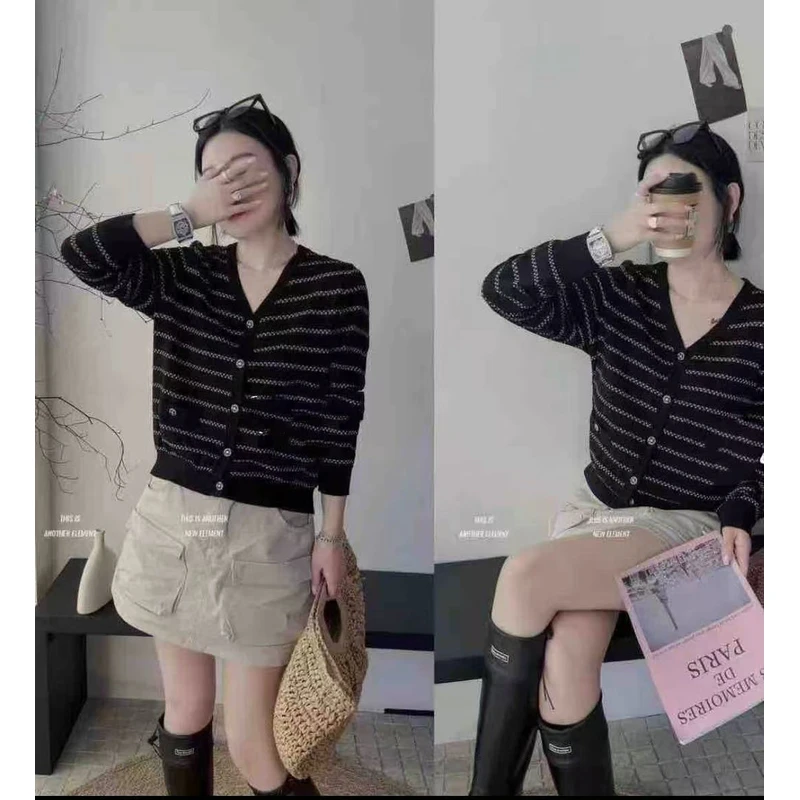 9812-3332 早秋款百搭显瘦撞色条纹小香风V领长袖针织开衫