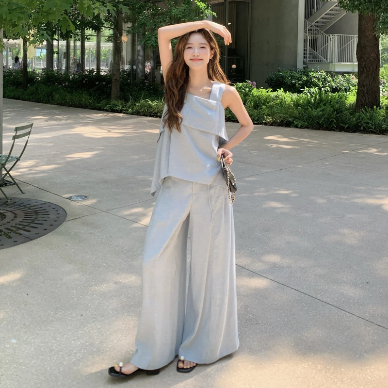 蓝色巨好看的夏日套装女2025新款气质不规则绑带上衣阔腿裤两件套