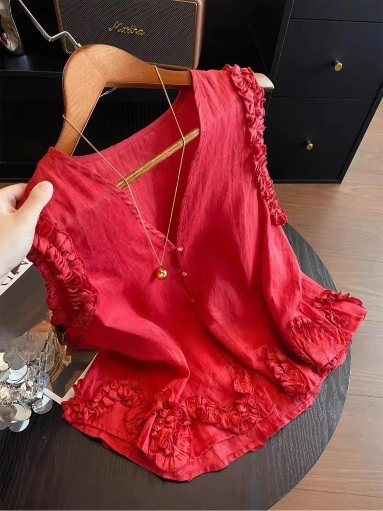 红色无袖上衣2025夏薄款轻奢高级感超好看独特漂亮木耳边法式衬衫
