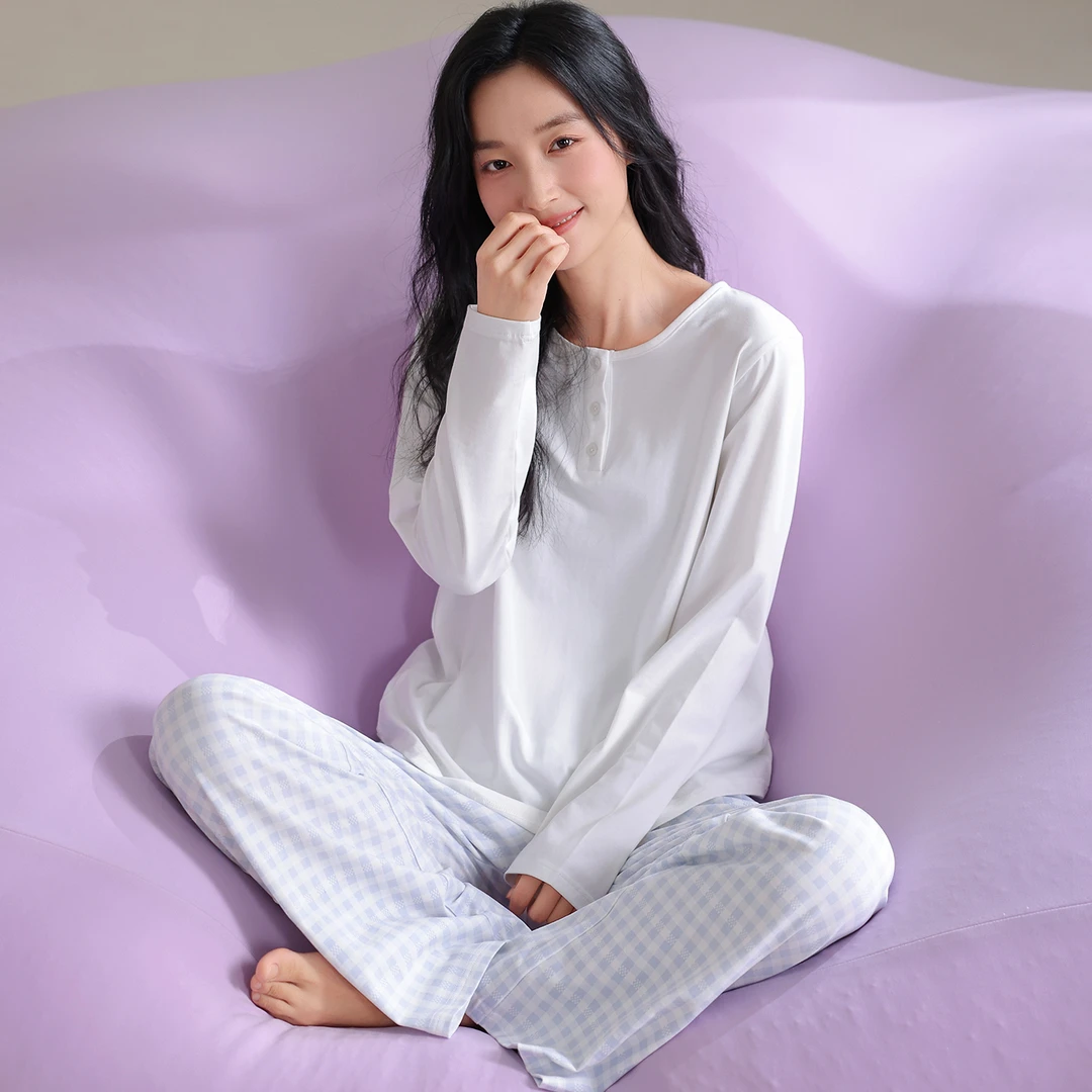 纯棉睡衣女2025春秋新款带胸垫长袖长裤学生休闲家居服可外穿套装
