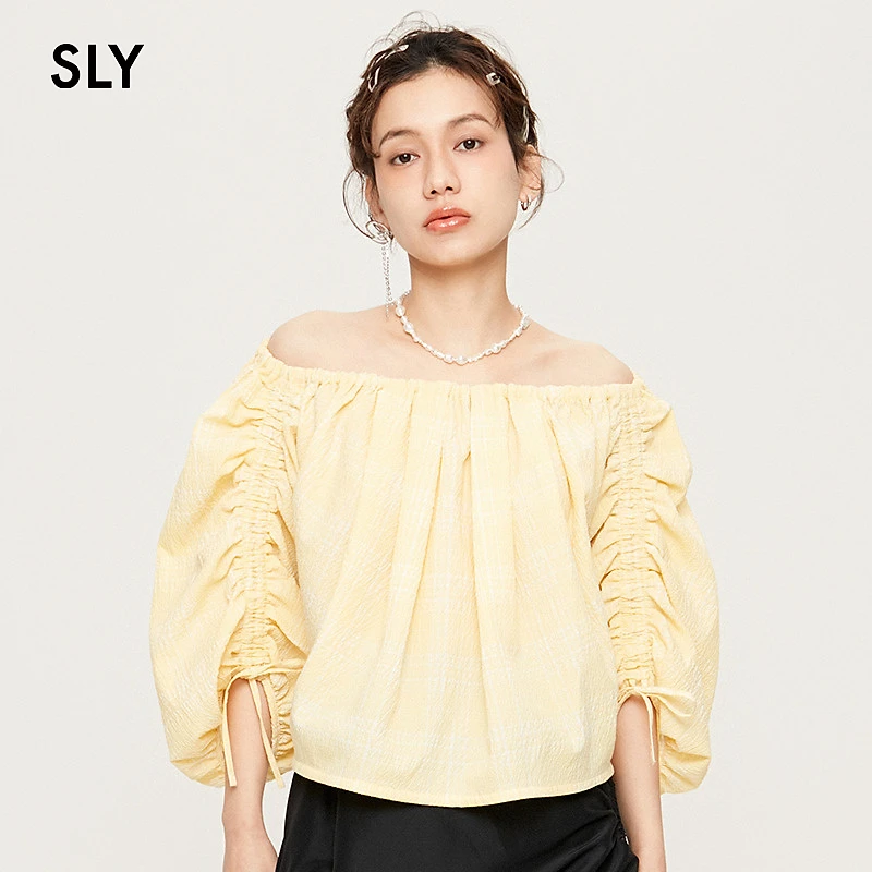 2025春季法式甜美风一字肩抽褶泡泡袖衬衫038HSL30-0061