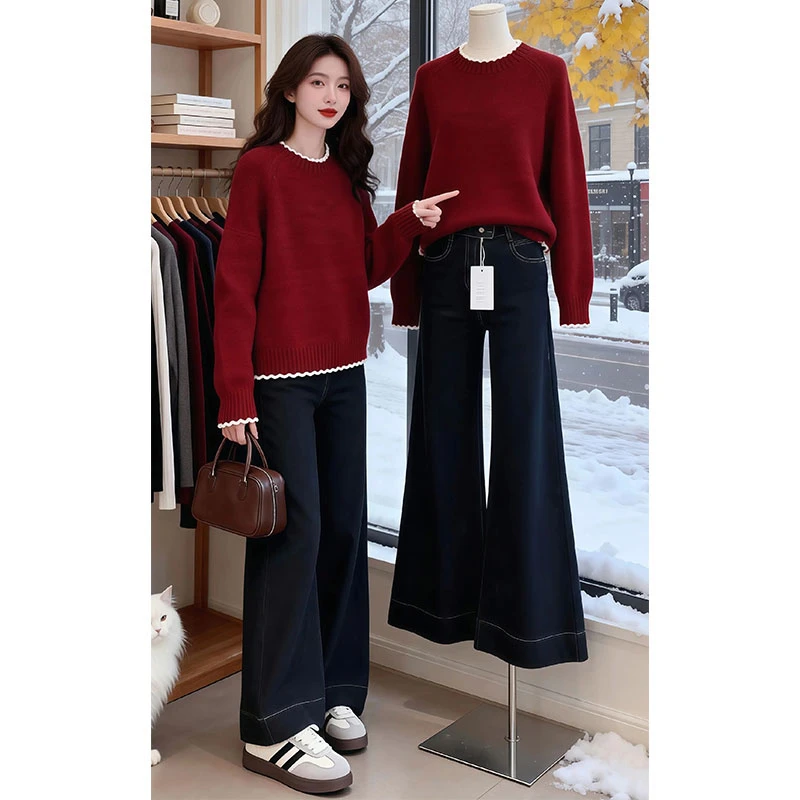 香朵儿【幸福图画】温柔风时尚拼接套头红色毛衣2026秋冬新款针织衫