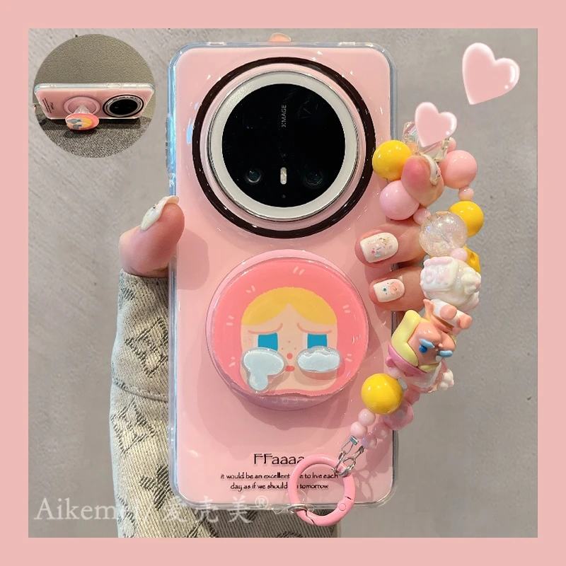 适用华为mate70pro+手机壳少女心粉色mate60pro+哭娃磁吸支架链条