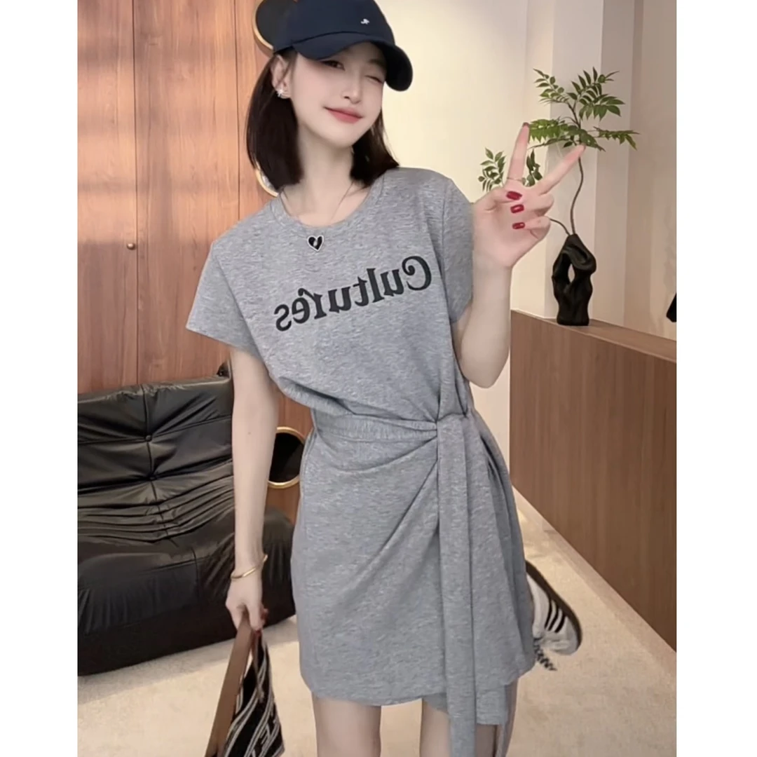 时尚减龄字母印花T恤裙女夏季新款绑带收腰显瘦上衣连衣裙