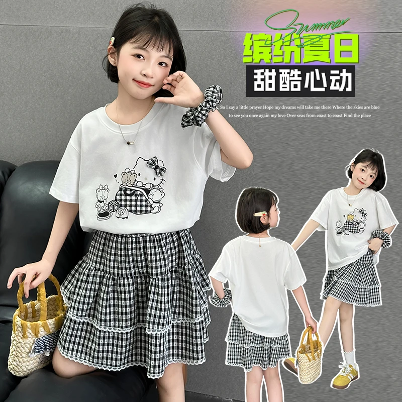 女童夏装套装2025新款洋气儿童夏季卡通短袖女孩格子半身裙两件套