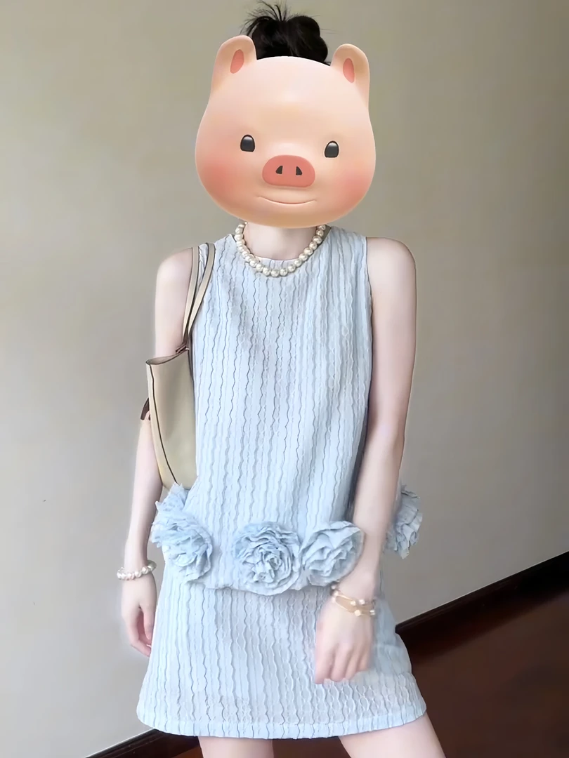 法式温柔套装女立体无袖上衣女装夏季新款轻熟小众半身裙两件套装