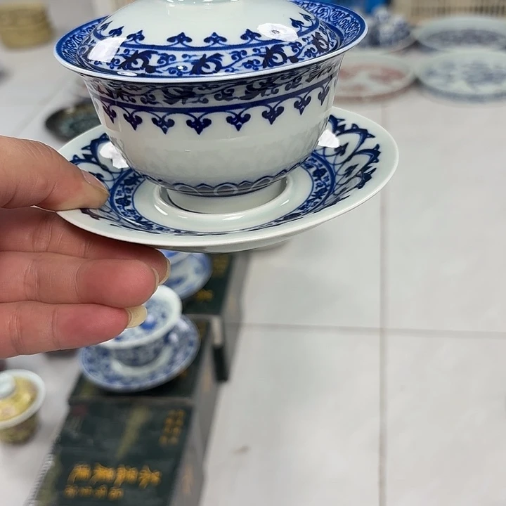 瓷片青花宝相三才元宝盖碗景德镇