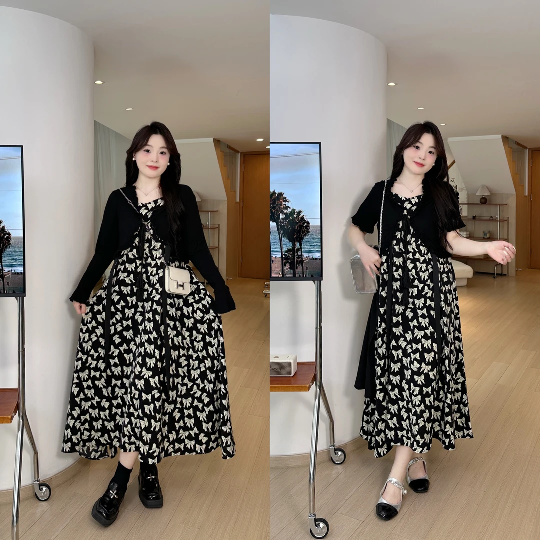 现货-心心宠粉【西西里】度假风遮肉开衫蝴蝶结吊带大码连衣裙