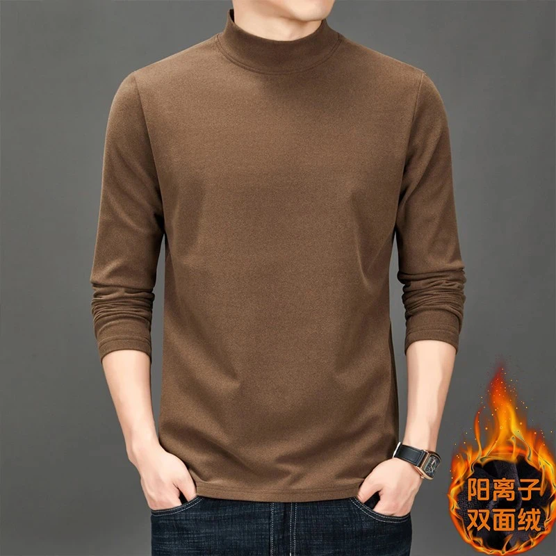 X0阳离子双面德绒半高领打底衫男士t恤2024新款内搭衣服潮牌秋装