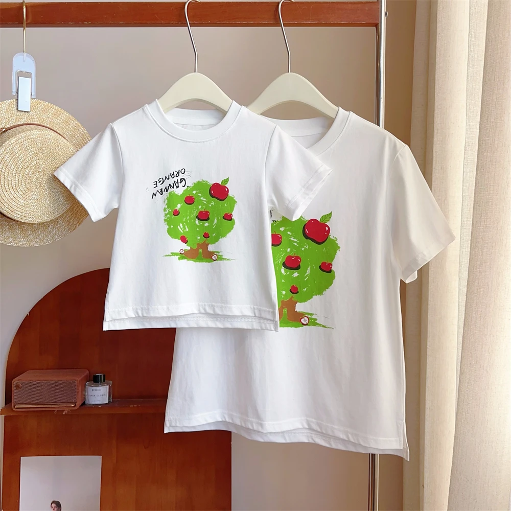 现货【苹果树下】母女装夏装T恤7216亲子百搭短袖洋气纯棉女宝儿童