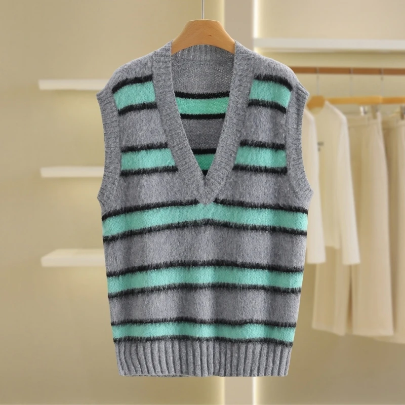 【伍莎-自营】拼色条纹V领针织背心#VZ148M007
