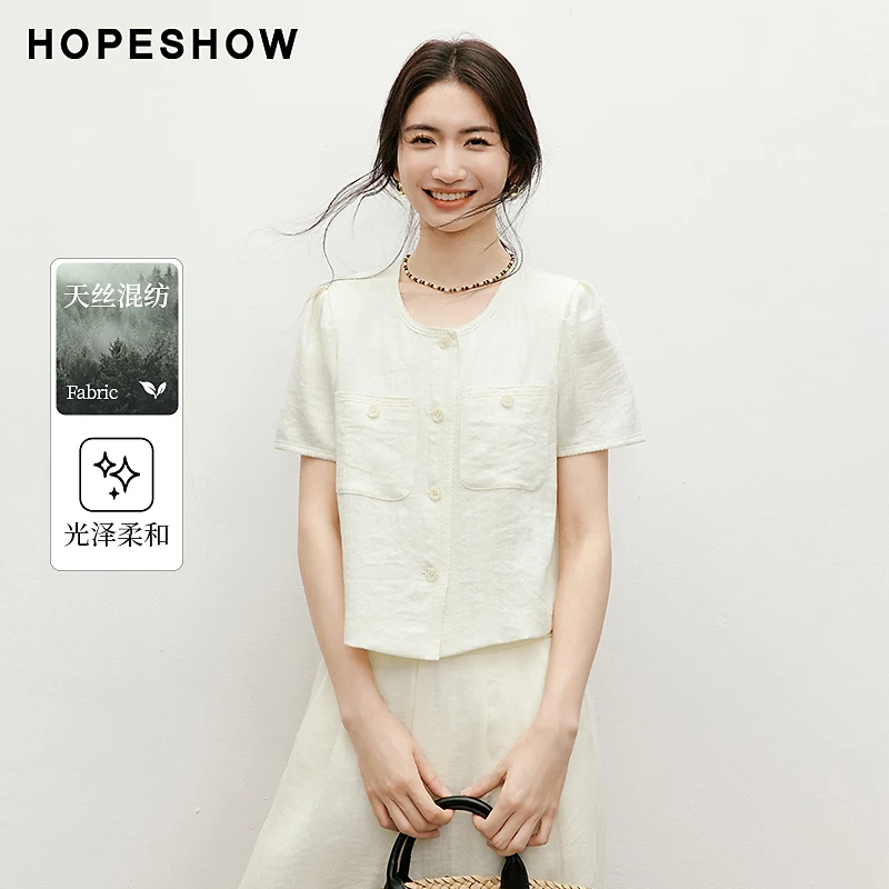 红袖2025夏季新款女装 拼贴花边泡泡袖直身圆领短外套90125140401