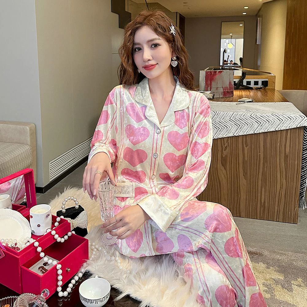 【金丝绒】爆款2025小香风秋冬睡衣女轻奢翻领开衫加绒家居服套装