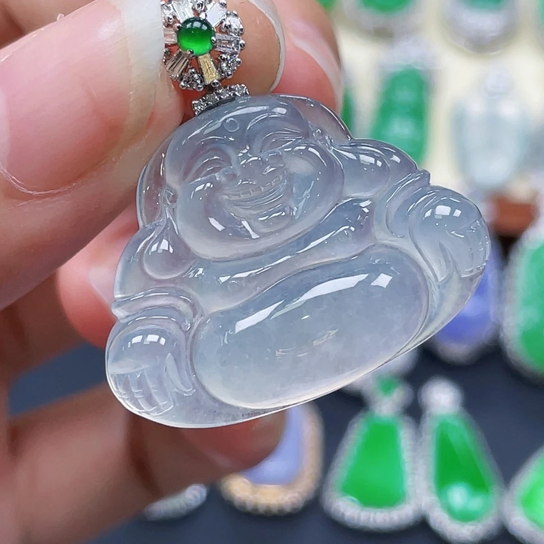 土***酱翡翠18K金镶嵌颈饰冰佛公