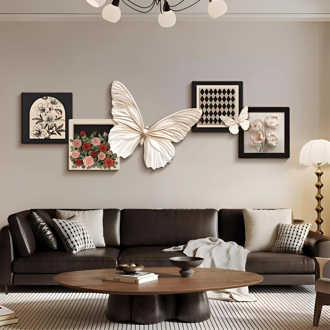 法式中古风客厅装饰画黑白蝴蝶玫瑰沙发背景墙挂画卧室床头壁画