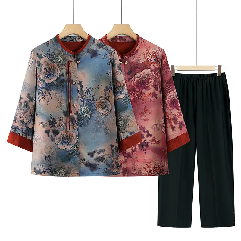 奶奶装夏季短袖套装中老年人女装衬衫两件套老年人夏装女衣服裤子