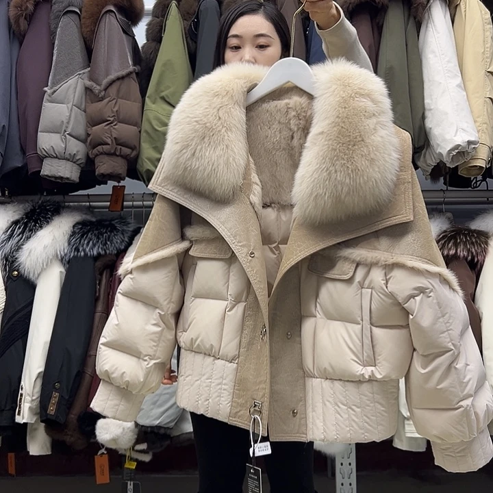 皮毛一体拼接鹅绒米白色M