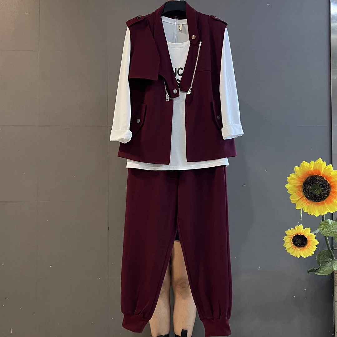 新款时尚设计感休闲百搭宽松马甲搭配哈伦裤洋气减龄套装