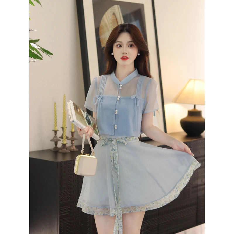 瑶西【晴天】女夏蓝色巨好看的短裙出游汉服新中式裙子两件套