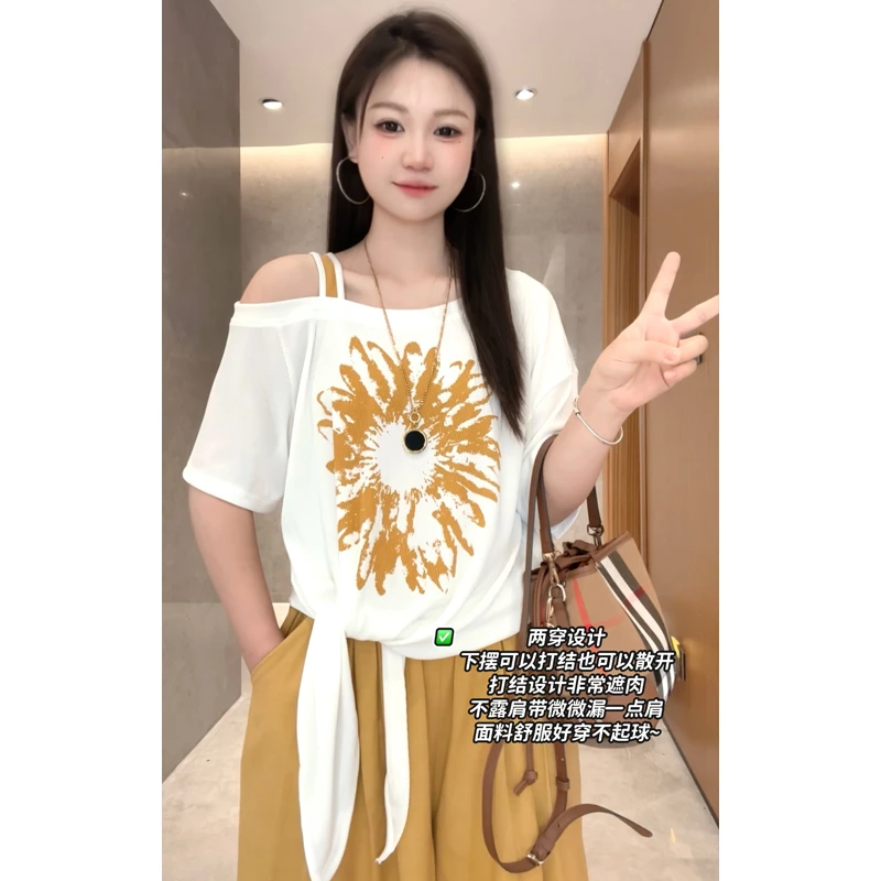 (单独上衣)向阳花单肩镂空两穿设计显瘦休闲女T恤短袖时髦松弛感