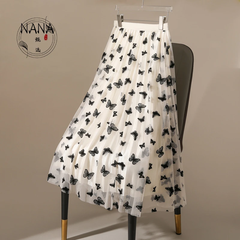 【两面穿】2025新款蝴蝶花网纱半身裙夏季大摆裙显瘦半身裙碎花