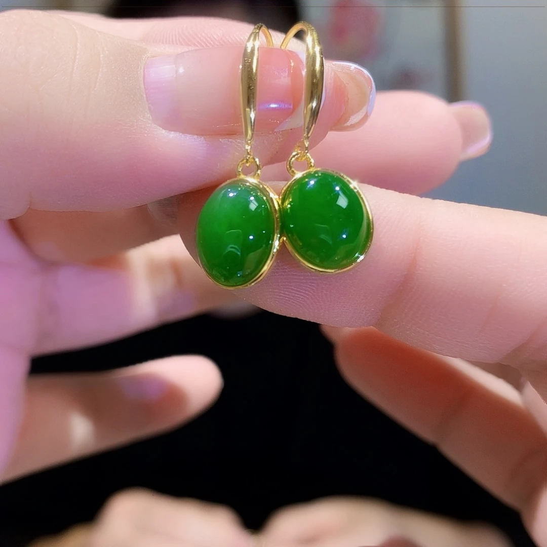 和田玉（碧玉）耳饰银S925镀金镶嵌
