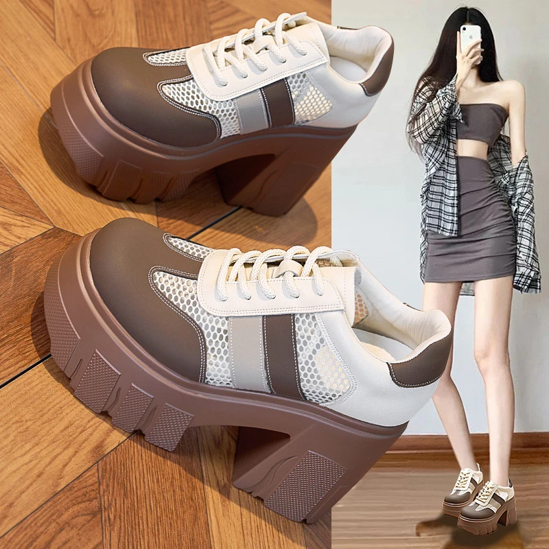 女鞋单鞋百搭透气镂空厚底高跟皮鞋春夏粗跟网面鞋|美庶甜美