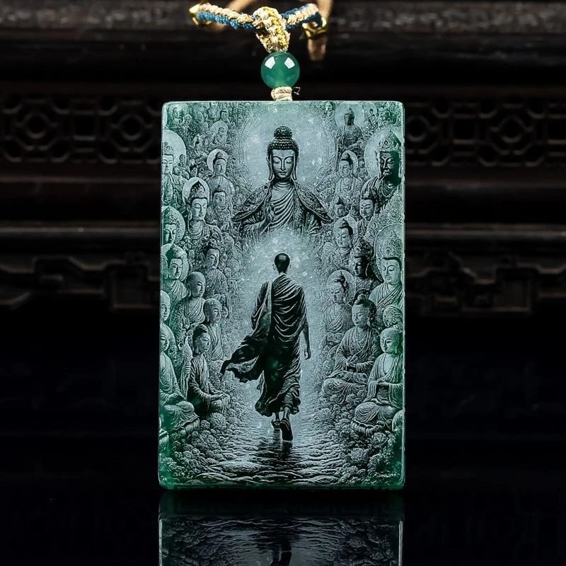 天然翡翠佛牌蓝水双面高冰玉石吊坠挂件玉佩珠宝轻奢简约a级精工