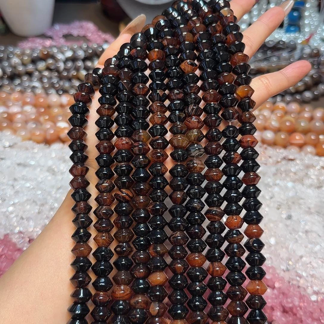 玛瑙/玉髓未镶嵌珠宝半成品11mm梦幻黑金飞碟算盘一条