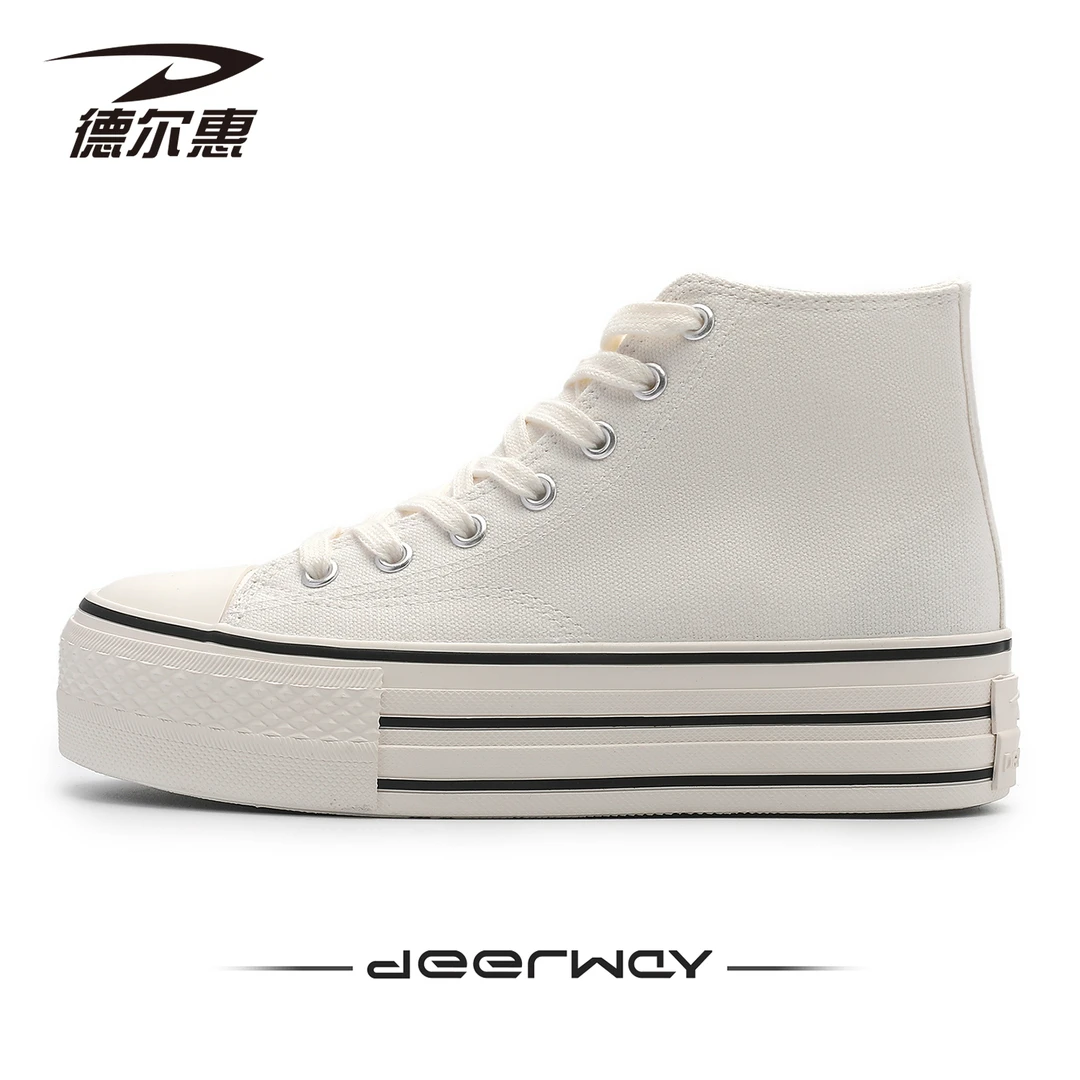 德尔惠厚底高帮帆布鞋女2025新款内增高运动板鞋百搭小众休闲女鞋