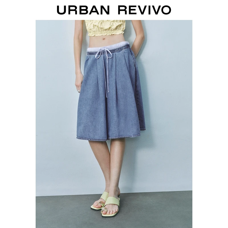 UR2025夏季新款女装时尚休闲腰头拼接系带牛仔半裙UYY850152