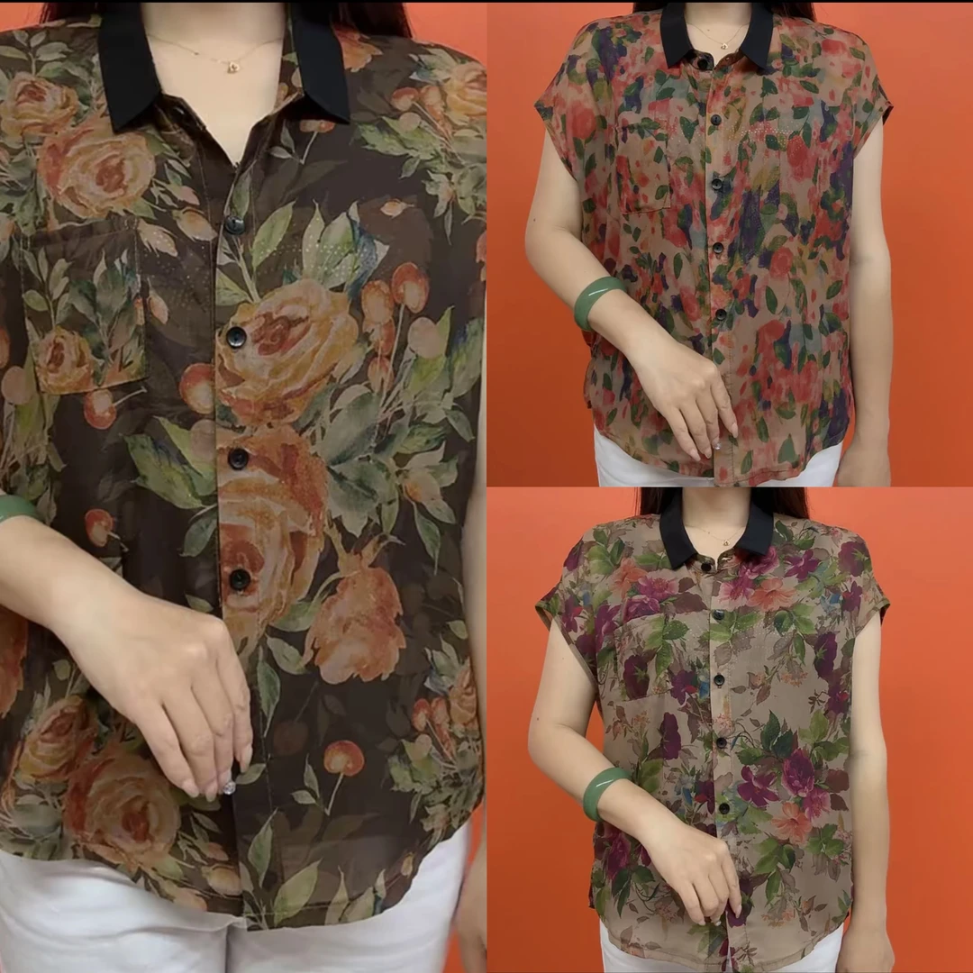 夏季新款高档花色短袖薄款衬衫妈妈大码宽松遮肉显瘦上衣