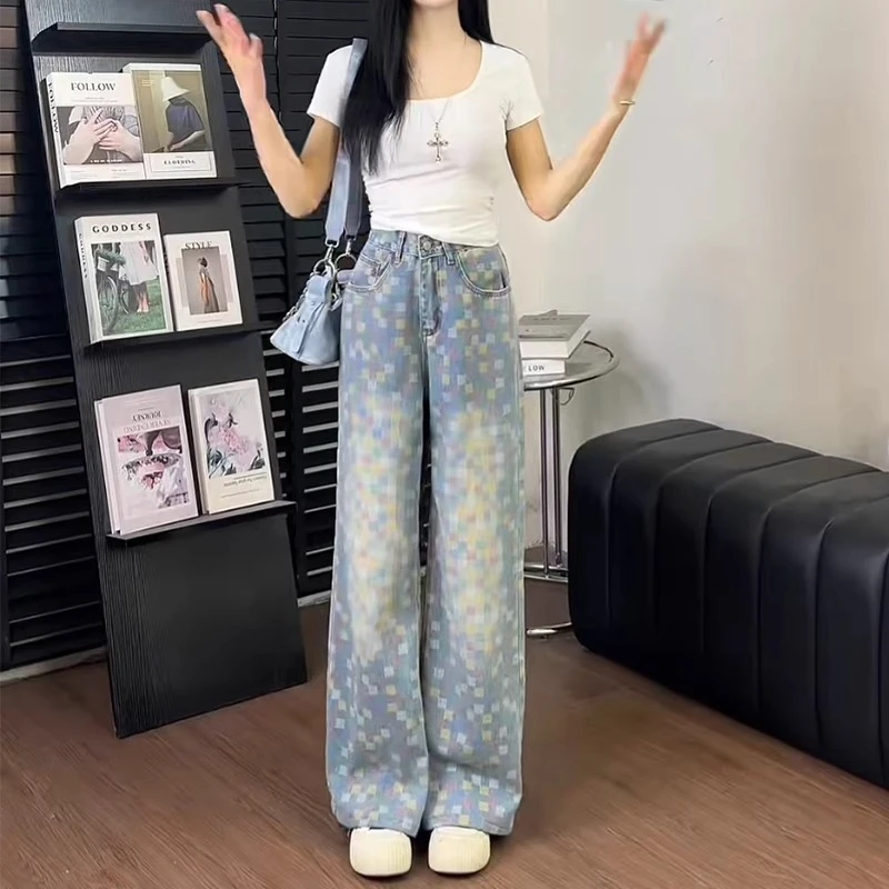 阔腿牛仔裤女2025年春秋新款彩色棋盘格高腰洋气小个子直筒拖地裤