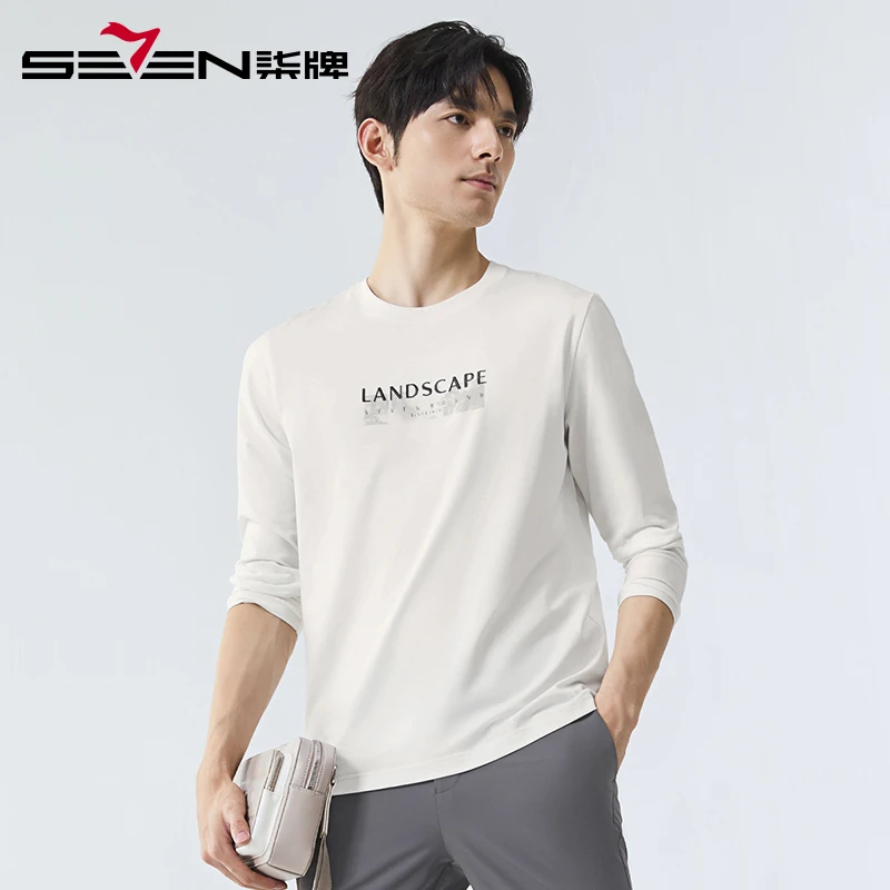 柒牌圆领长袖T恤男 2025春季新款男士时尚潮流国风印花休闲打底衫