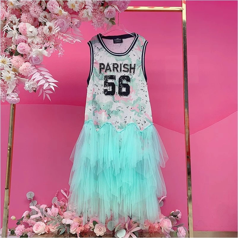 A2680欧美设计师2025夏季新款重工钉珠刺绣字母拼纱迷彩背心裙女